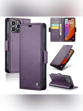 iPhone 14 Pro Max Wallet Case with Credit Card Holder - Purple Leather